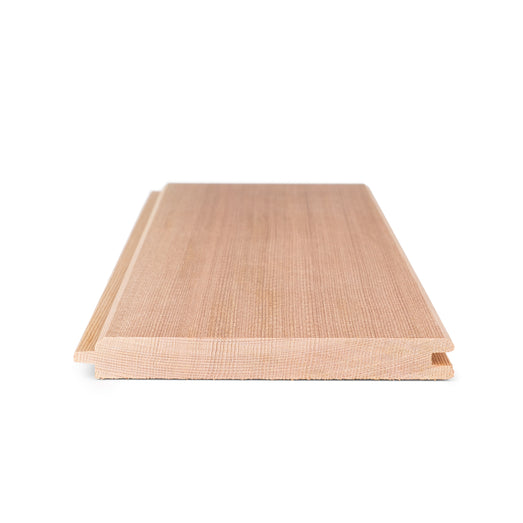Western Red Cedar tongue-and-groove paneling board end view showing the tongue and groove profile and face grain