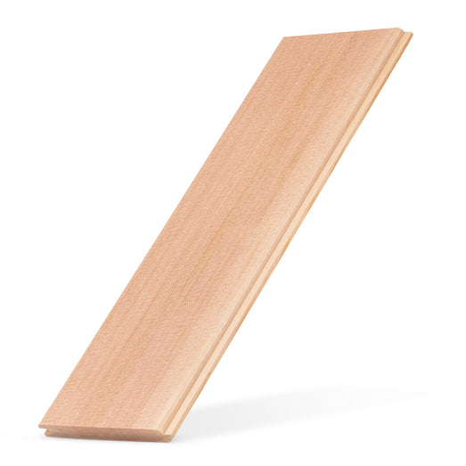 Western Red Cedar tongue-and-groove paneling board standing at a tilt on white, showing face grain and edge profile
