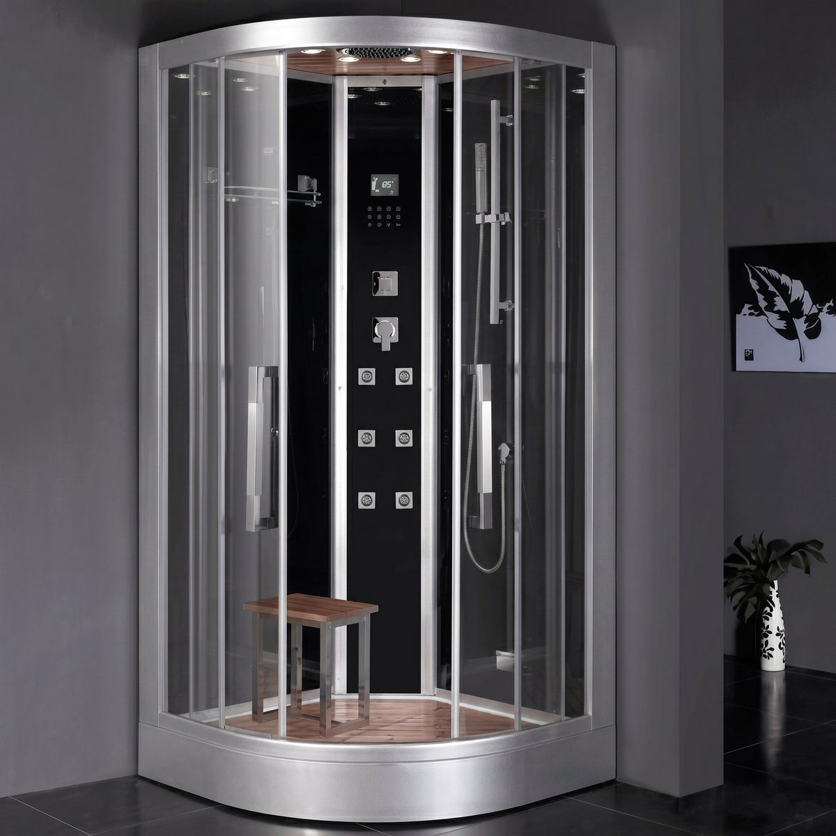 Ariel Platinum DZ963F8 corner steam shower with black interior and glass doors