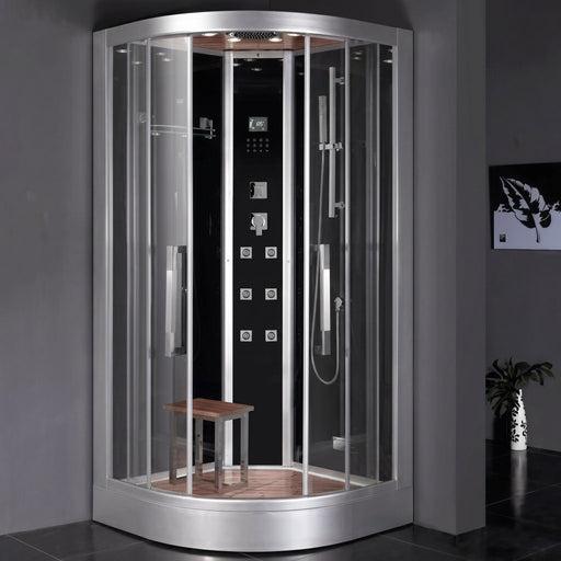 Ariel Platinum DZ963F8 corner steam shower with black interior and glass doors