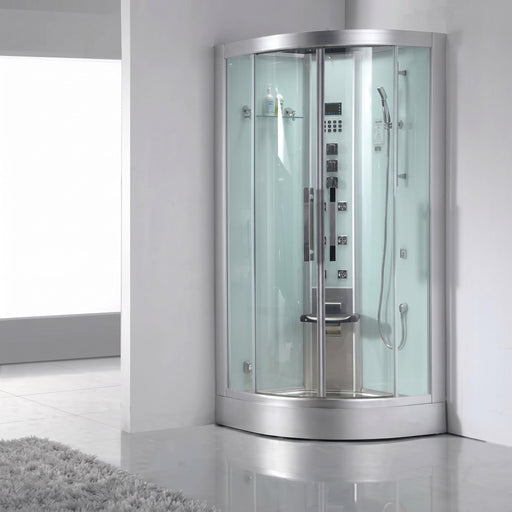 Ariel Platinum DZ963F8 corner steam shower with white interior and curved glass