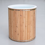 Baltic cold plunge tub front view showing cedar staves and white acrylic liner