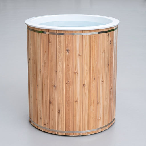 Baltic cold plunge tub front view showing cedar staves and white acrylic liner