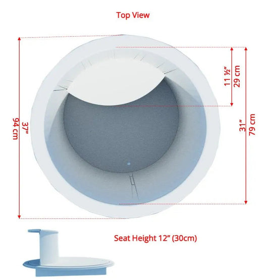Baltic plunge tub top-view dimension diagram with interior width, depth and seat height