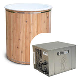 Baltic plunge tub with inset of the labeled Penguin chiller showing inlet and outlet