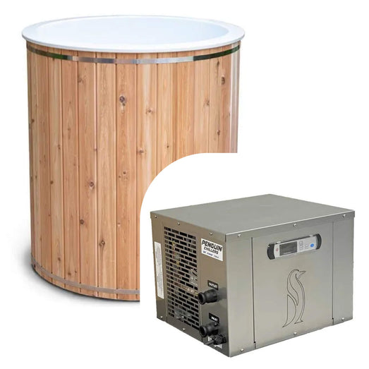 Baltic plunge tub with inset of the labeled Penguin chiller showing inlet and outlet