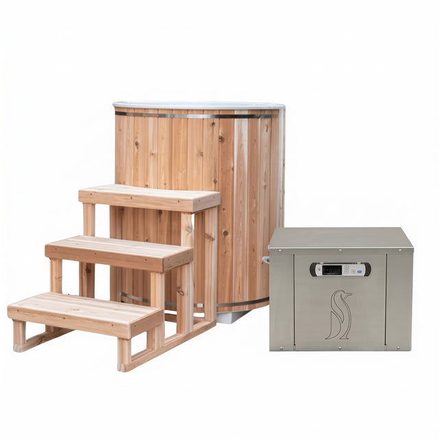 Baltic cold plunge tub with cedar steps and stainless Penguin chiller on white