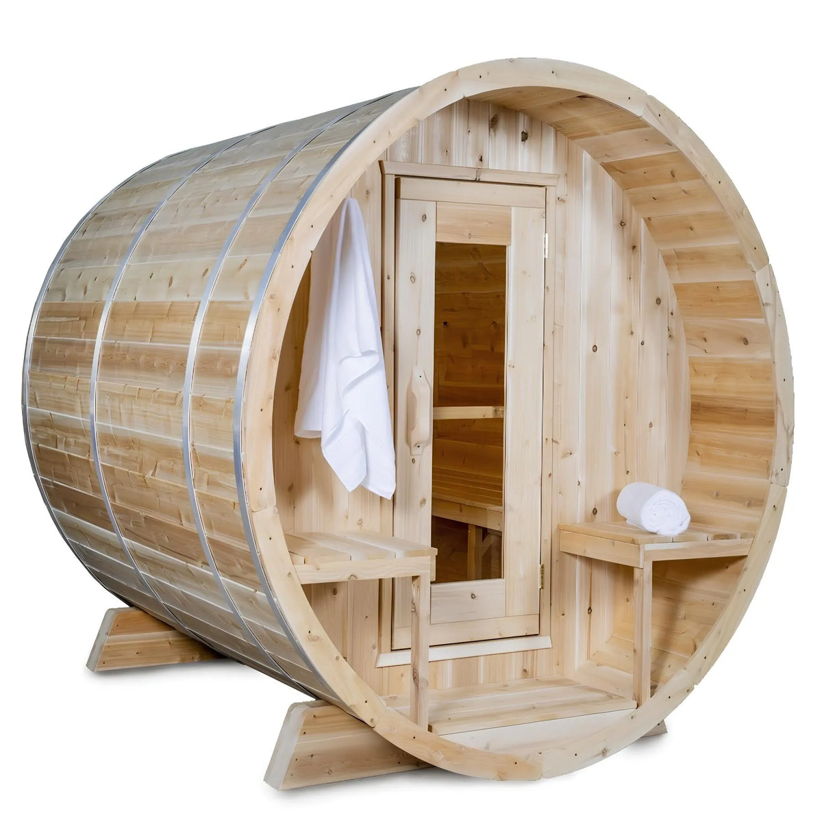 Dundalk Serenity Eastern White Cedar barrel sauna with covered front porch