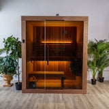 Angled exterior view of the Dundalk Loft glass-front indoor sauna