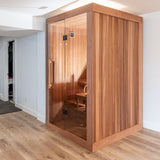 Dundalk Nook 2-person traditional indoor sauna with glass front in a modern room