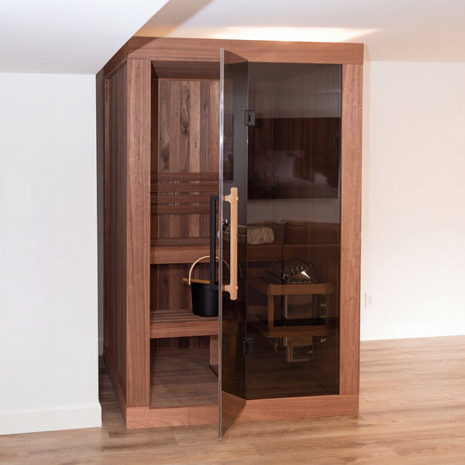 Angled exterior view of the Dundalk Nook glass-front indoor sauna