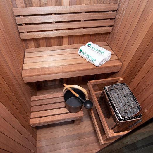 Interior of the Dundalk Nook sauna with Thermo Grandis wood bench and backrest