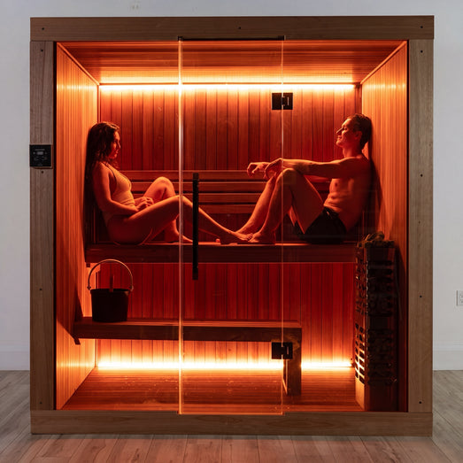 Two people relaxing together inside the Dundalk Studio sauna