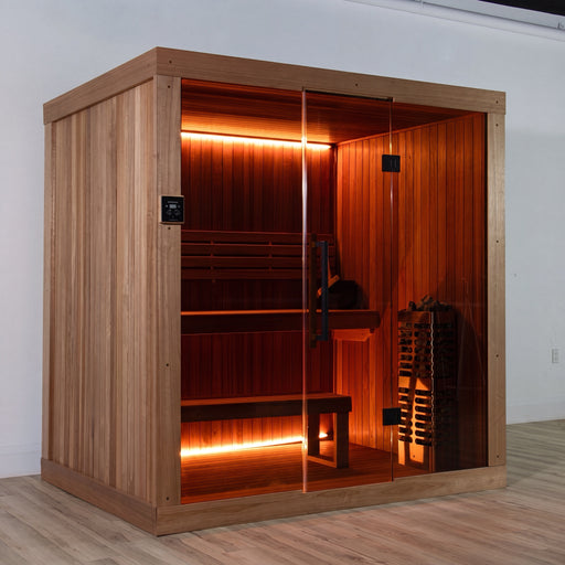 Dundalk Studio 4-person traditional indoor sauna with glass front in a modern room