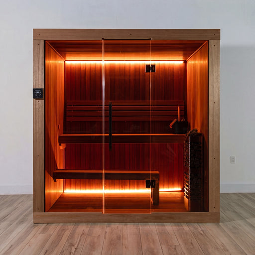 Front view of the Dundalk Studio glass-front indoor sauna with warm glow