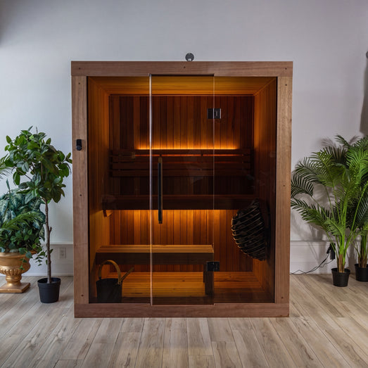 Angled exterior view of the Dundalk Studio indoor sauna with glass door