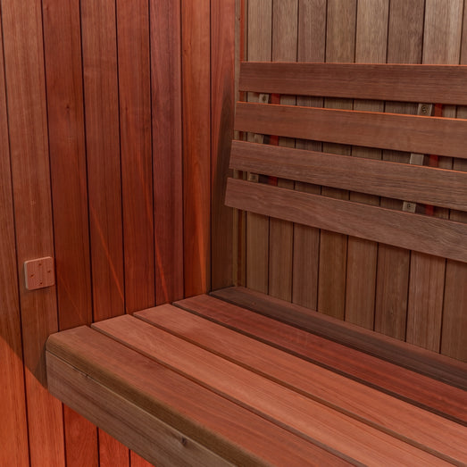 Interior detail of the Dundalk Studio sauna Thermo Grandis wood benches