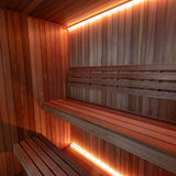 Corner interior view of the Dundalk Studio sauna benches and backrests