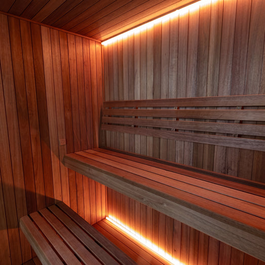 Corner interior view of the Dundalk Studio sauna benches and backrests