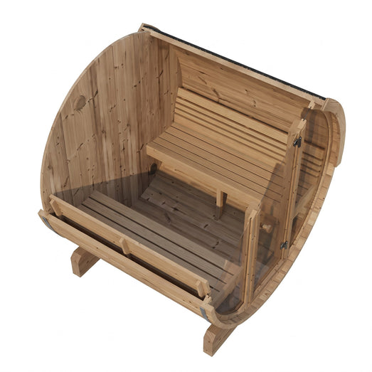 SaunaLife E8 barrel sauna interior corner showing curved backrest bench joinery