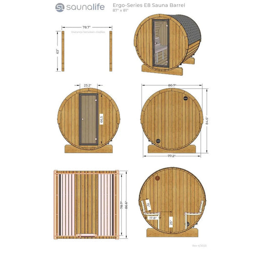 SaunaLife E8 Ergo barrel sauna dimension diagram with measurements and multiple views