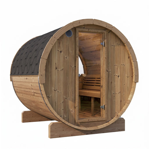 SaunaLife E8 barrel sauna angled view with glass door open revealing interior benches