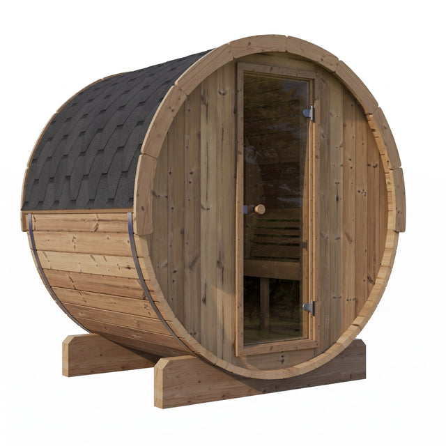 SaunaLife E8 barrel sauna front angle showing glass door and shingled roof on white