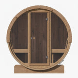 SaunaLife E8 barrel sauna front view with wood door closed and side benches