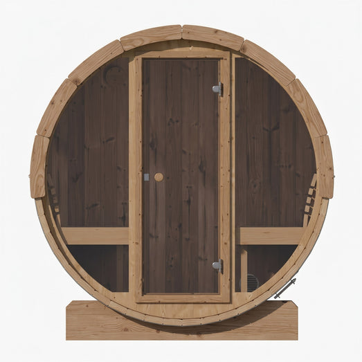 SaunaLife E8 barrel sauna front view with wood door closed and side benches