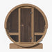 SaunaLife E8 barrel sauna front view with wood door closed and side benches