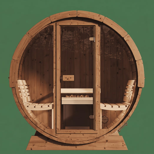SaunaLife E8 barrel sauna straight-on front view with curved benches and heater