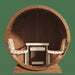 SaunaLife E8 barrel sauna front view with backrest benches and heater with stones