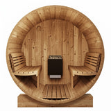 SaunaLife E8 barrel sauna interior with twin curved benches and black heater