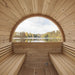 SaunaLife E8 barrel sauna interior with cedar benches and panoramic lakeside window
