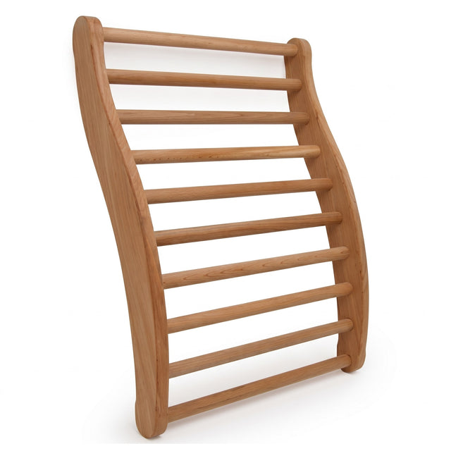Finnmark ergonomic S-shape Canadian red cedar sauna backrest shown standing alone