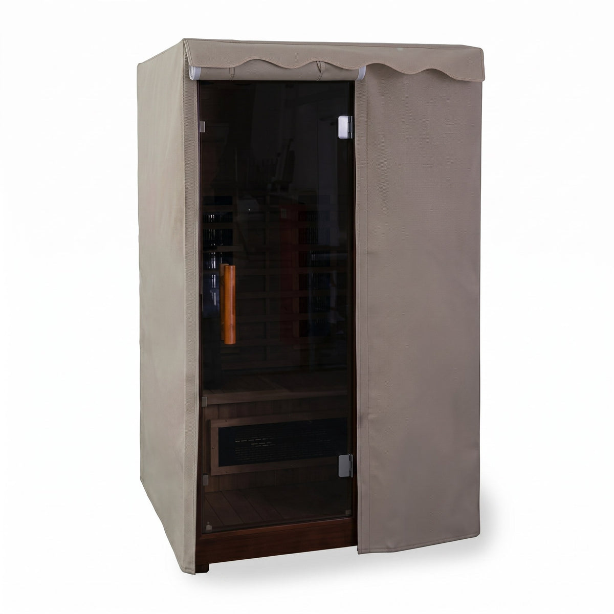 Finnmark FD2 sauna cover fitted over a cabin sauna with the roll-open door open