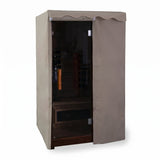 Finnmark FD2 sauna cover fitted over a cabin sauna with the roll-open door open