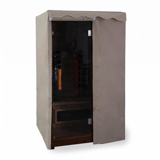 Finnmark FD2 sauna cover fitted over a cabin sauna with the roll-open door open