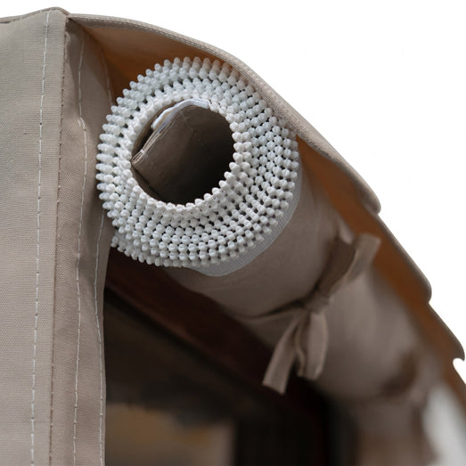 Close-up of Finnmark FD2 sauna cover top rolled open with ties