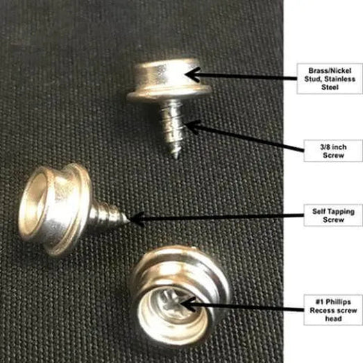 Labeled diagram of Finnmark FD2 cover stainless snap studs and self-tapping screws