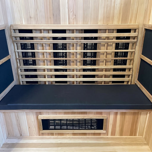 Finnmark FD-5 vinyl cushion fitted on a sauna bench between heater panels