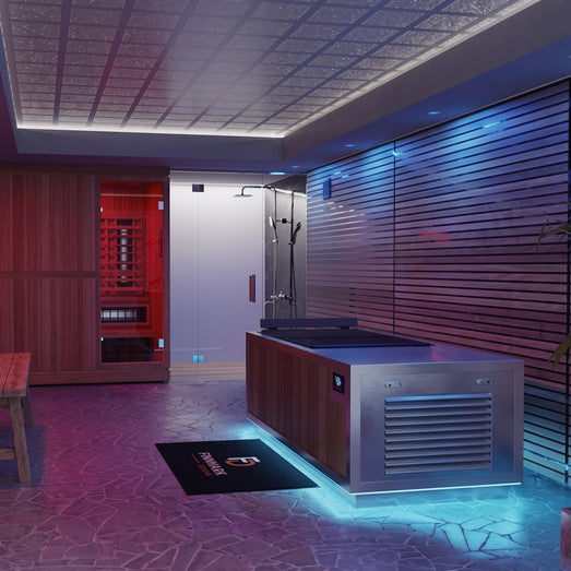 Finnmark SoulCold plunge tub and chiller in a home spa with infrared sauna and shower
