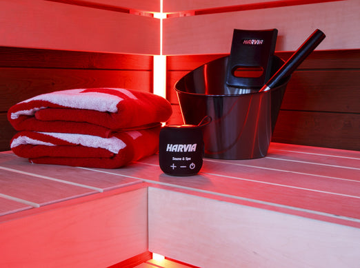 Black Harvia speaker on the lower bench of a sauna beside a sauna bucket