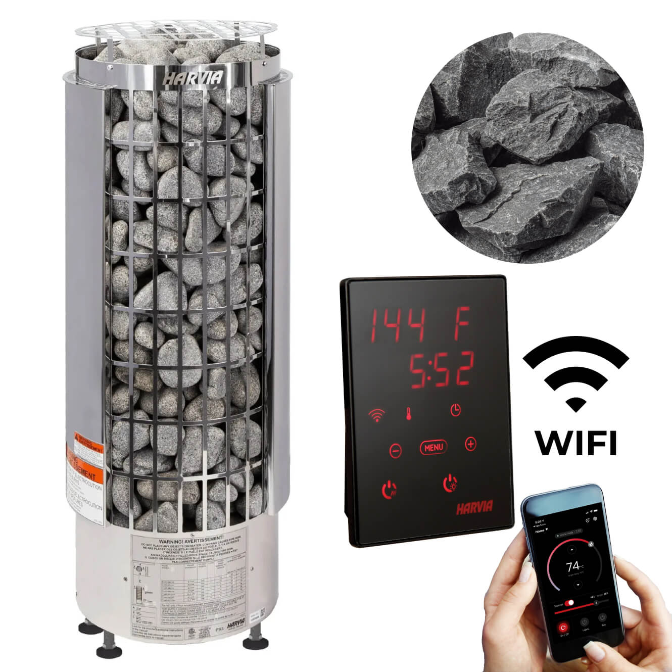 Harvia Cilindro 10.5kW Electric Heater Package w/ Digital Controller and Wifi and Stones - Topture