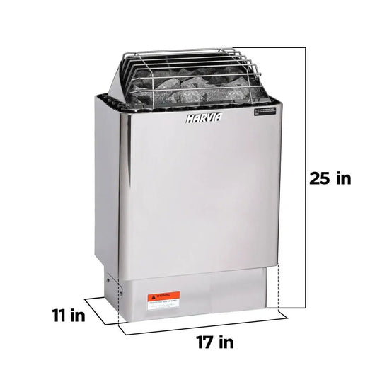 Harvia KIP heater drawing with arrows marking its size: 17 in wide, 11 in deep and 25 in high