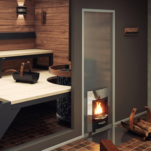 Harvia Legend Duo wood stove feeding through the wall of a modern wood sauna