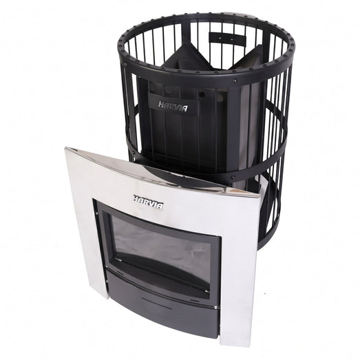 Harvia Legend 240 Duo stove with stainless curved door open showing the firebox