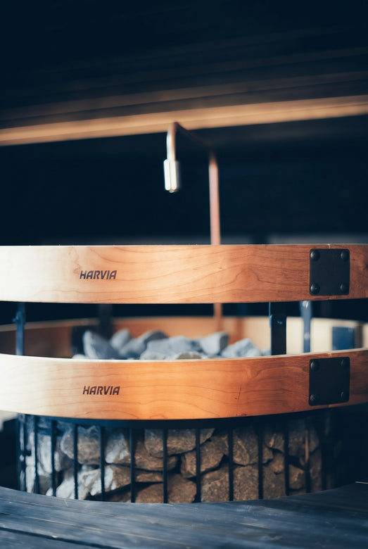 Harvia Legend 240 SL wood safety rail detail with branding