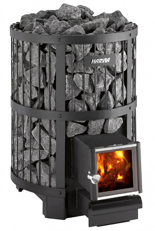 Harvia Legend 240 SL wood burning sauna stove with stones and fire