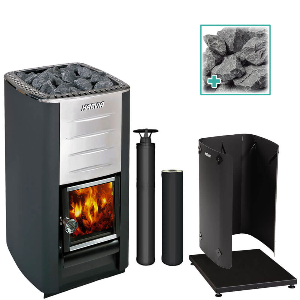 Harvia M3 Wood Burning Stove Kit w/ Chimney+ Extension, Sheath, Floor Protection and Stones - Topture